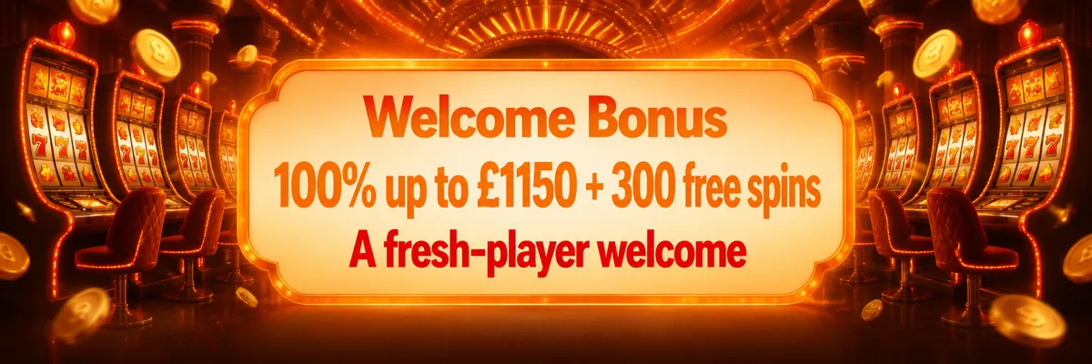 Orange-and-red casino banner with symmetrical slot machines, curved chairs and floating coins framing a central welcome panel.